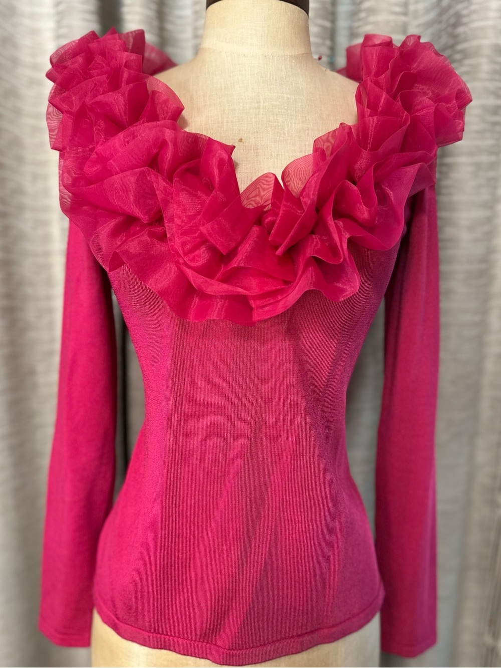 Boston Proper Pink Ruffle Neck Top Organza Trim Long Sleeve Size Small